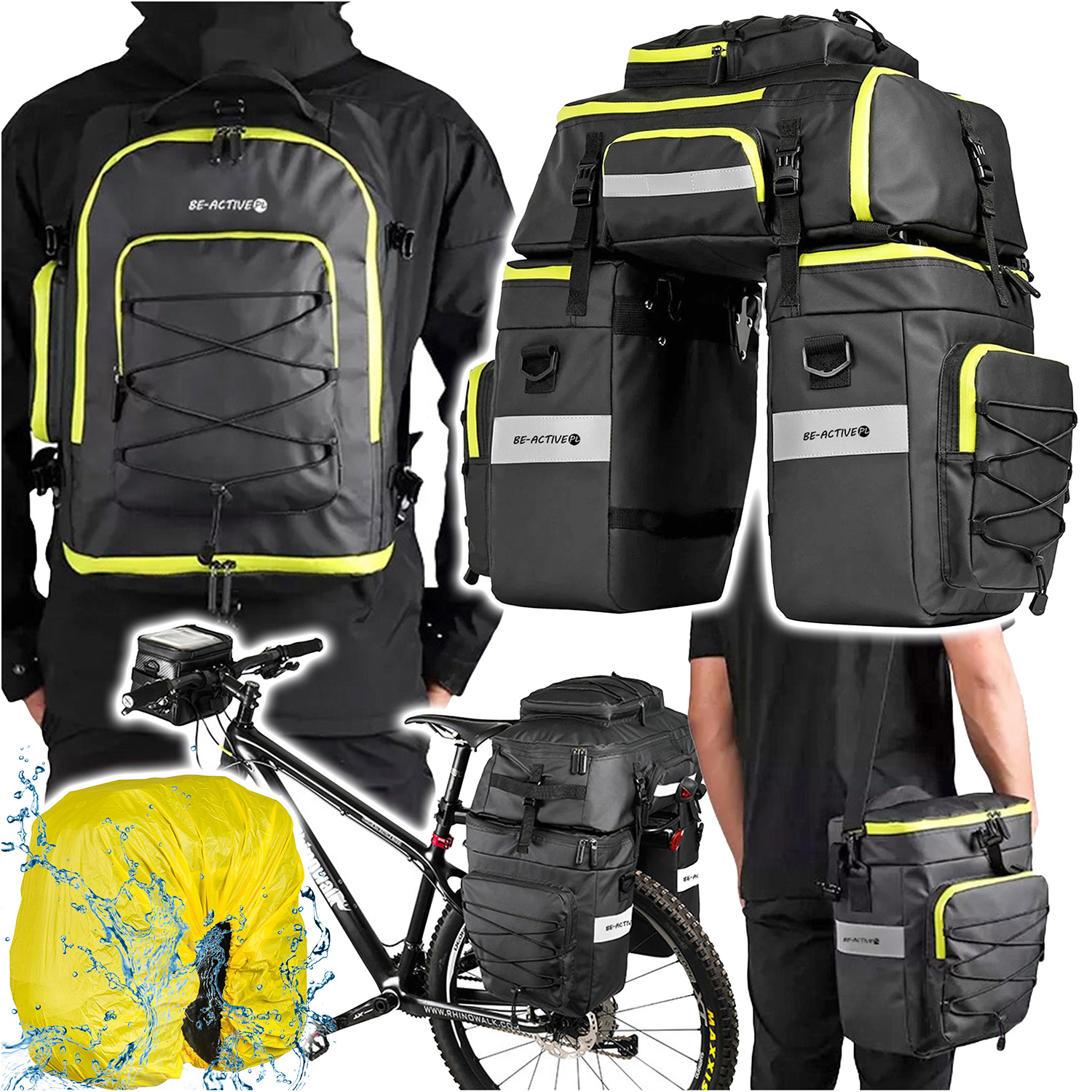 Torba turystyczna 3w1 na rower wielofunkcyjna wodoodporna 65l czarno-zielona TT2
